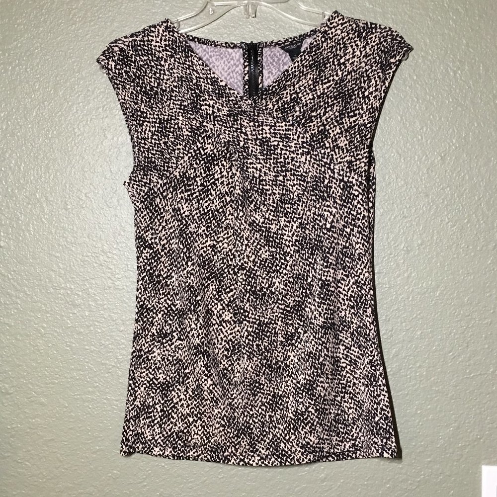 Ann Taylor Black Ivory Print Ruched Top